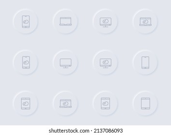 dispositivos inteligentes iconos vectoriales grises en botones de goma redondos. conjunto de iconos de dispositivos inteligentes para web, aplicaciones móviles, diseño ui y poligrafía de negocio de promoción