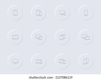 Smart Devices Gray Vector Icons On Round Rubber Buttons. Smart Devices Icon Set For Web, Mobile Apps, Ui Design And Promo Business Polygraphy