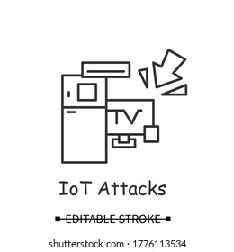 Smart devices hacking icon. Smart technology home devices hacker attack linear pictogram. Concept of internet of things botnet and IoT device information security. Editable stroke vector illustration