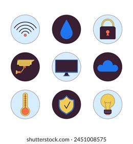 Smart devices at home 2D linear cartoon icons set. Wireless house controls isolated line vector elements white background. Internet of things technology color flat spot illustration collection