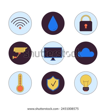 Smart devices at home 2D linear cartoon icons set. Wireless house controls isolated line vector elements white background. Internet of things technology color flat spot illustration collection