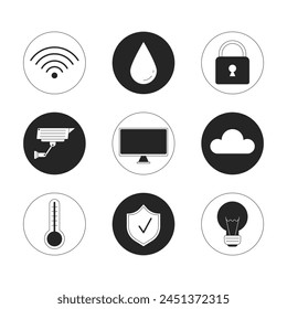 Smart devices at home black and white 2D line cartoon icons set. Wireless house controls isolated vector outline items collection. Internet of things technology monochromatic flat spot illustrations