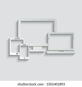 Smart Devices icon. Phone icon, tablet, laptop icon. Symbol of notebook and mobile phone.  paper icon  with shadow  
