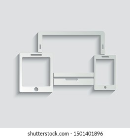 Smart Devices icon. Phone icon, tablet, laptop icon. Symbol of notebook and mobile phone.  paper icon  with shadow  