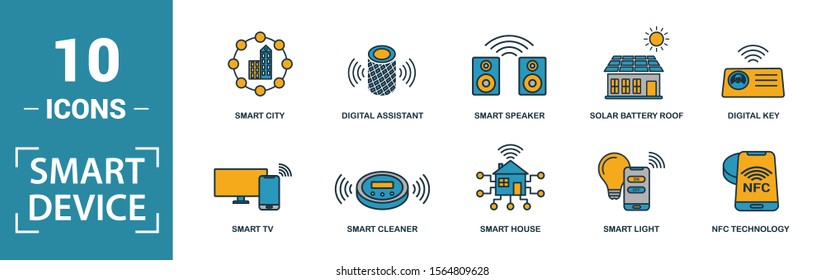 Smart Devices icon set. Include creative elements drone, smart car, smart house, solar battery roof, smart speaker icons. Can be used for report, presentation, diagram, web design.