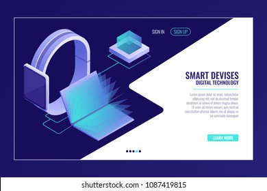 Smart devices, information mobility, smartwatch with open electronic book isometric vector