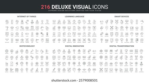 Smart devices, Internet of Things, digital innovation and transformation of system, blockchain and analytics line icon set. Language learning, translation thin black outline symbol vector illustration