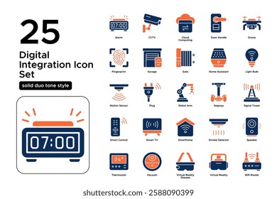 Smart Devices and IoT Solutions. Data Analytics, Connectivity, and Automation. Vector Illustration. Solid duo tone icon set