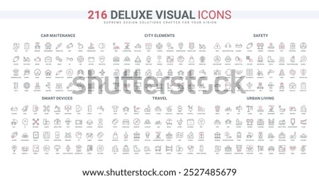 Smart devices, job safety tools and documents, automotive repair service, travel line icon set. City landmark location and infrastructure thin black and red outline symbols vector illustration