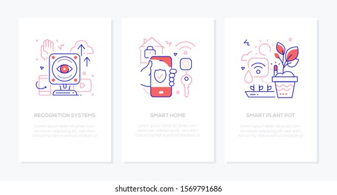 Smart devices - line design style banners set with place for text. Recognition systems, home, self watering plant pot technologies themes. Linear illustrations with icons. Home security, protection