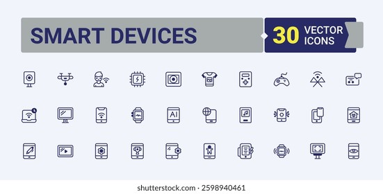 Smart Devices line icon. Includes thin line hardware, phone, device, technology, gadget and more. Tech Gadgets icon. Thin linear style icons. Editable stroke collections.