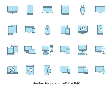 Smart devices lineal blue vector icons isolated on white background. Smart devices technology flat icons for web, mobile and ui design. Smartphone, laptop, smart watch, pc and tablet