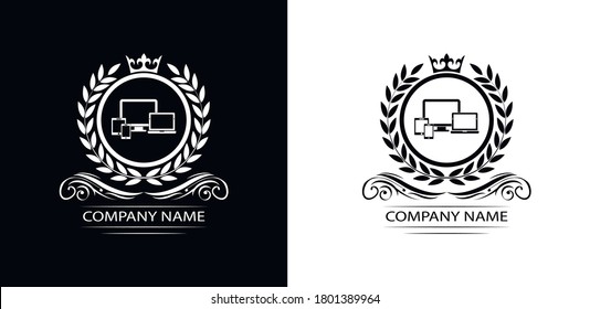 Plantilla de logotipo Smart Devices servicio de vectores reales de lujo   compañía.  Teléfono, tableta, portátil , emblema decorativo de la tienda de ordenadores con corona  