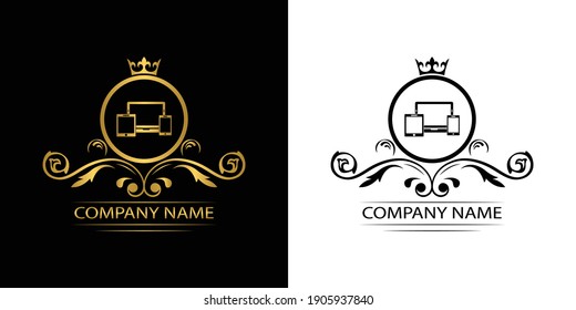 Smart Devices logo template luxury royal vector service   company.  Phone , tablet, laptop , computer shop  decorative emblem with crown  