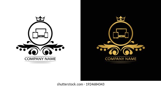 Smart Devices logo template luxury royal vector service   company.  Phone , tablet, laptop , computer shop  decorative emblem with crown  
