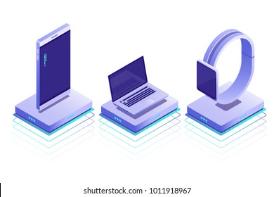 Dispositivos inteligentes con cargador de batería inalámbrico .Iconos isométricos conceptuales de portátil, teléfono, relojes.Ilustración isométrica vectorial aislada en fondo blanco