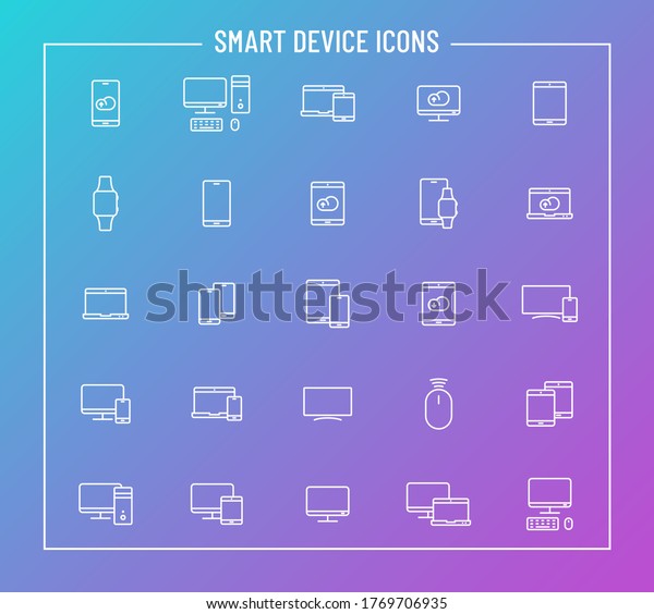 smart devices outline vector\
icons on color gradient background. smart devices icon set for web\
design and user interface design, mobile apps and print\
products