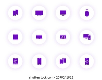 smart devices purple color vector icons on light round buttons with purple shadow. smart devices icon set for web, mobile apps, ui design and print
