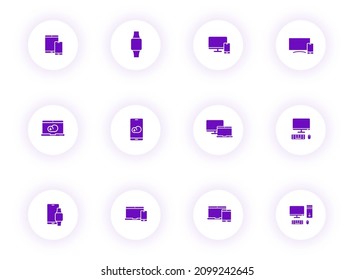 smart devices purple color vector icons on light round buttons with purple shadow. smart devices icon set for web, mobile apps, ui design and print