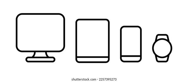 Smart devices set icon. Laptop, view from above, phone, bracelet, desktop computer, tablet, graphic, data science. Technology concept. Vector line icon on white background