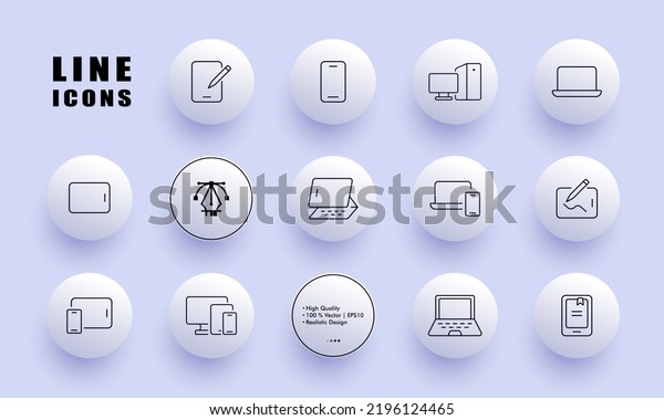 Smart devices set icon. Phone, graphic\
tablet, desktop computer, stylus, laptop, stand, keyboard, e book,\
portable. Technology concept. Neomorphism style. Vector line icon\
for Business and\
Advertising