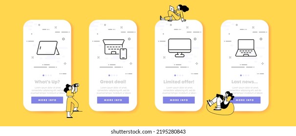 Icono de conjunto de dispositivos inteligentes. Tablet con soporte, portátil, teléfono, ordenador, monitor, pantalla, personal, escritorio, PC, gráficos. Concepto tecnológico. pantallas de aplicación de teléfono de interfaz de usuario. Icono de línea de vector para publicidad.