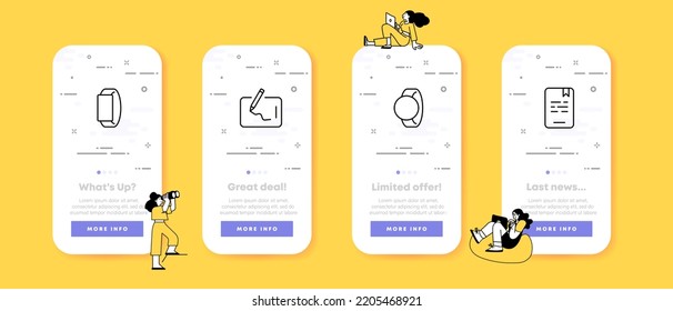 Smart devices set icon. Wristband, pen tablet, watch, electronic book, portable, personal, gadget. Technology concept. UI phone app screens. Vector line icon for Business and Advertising.