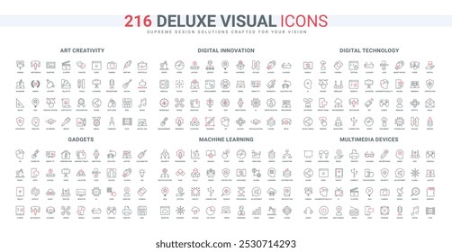 Smart devices, social media content, creativity and digital technology line icon set. Machine learning, data processing and sharing from server thin black and red outline symbols vector illustration
