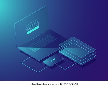 Smart devices synchronization, isometric vector cloud storage technology, file transfer, two stage authorization user, laptop smartphone tablet icon, neon dark gradient background