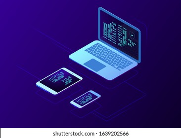 Smart devices synchronization, isometric vector cloud storage technology, file transfer, two stage authorization user, laptop smartphone tablet icon, neon dark gradient background