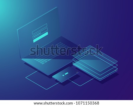 Smart devices synchronization, isometric vector cloud storage technology, file transfer, two stage authorization user, laptop smartphone tablet icon, neon dark gradient background