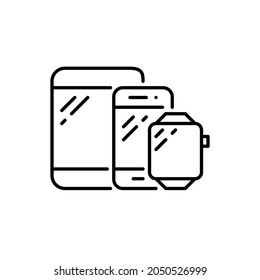 Dispositivos inteligentes. Comprimido, smartphone, mirar. Icono de marketing y pruebas entre dispositivos. Trazo perfecto y editable.