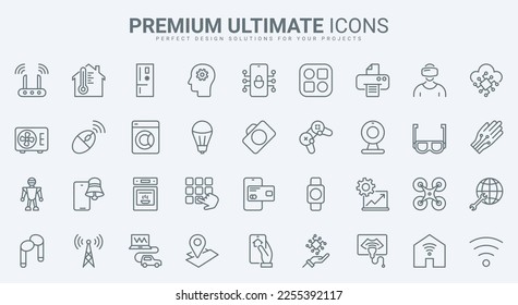 Smart devices thin line icons set vector illustration. Outline electrical appliances, lighting and modern smart home technology, machine learning of digital AI brain, control of drones and robots