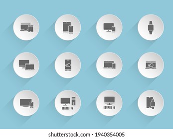 smart devices vector icons on round puffy paper circles with transparent shadows on blue background. smart devices stock vector icons for web, mobile and user interface design