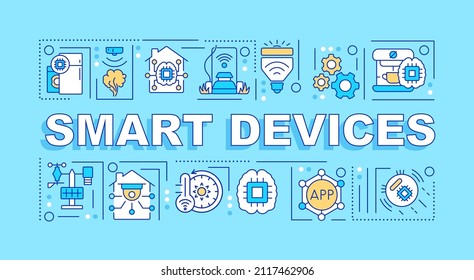 Smart devices word concepts turquoise banner. Appliances and gadgets. Infographics with icons on color background. Isolated typography. Vector illustration with text. Arial-Black font used
