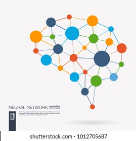 Smart digital brain idea. Futuristic neural network interact grid concept. Artificial intelligence creative think mesh system connect. Abstract background with integrated circles and lines. Vector