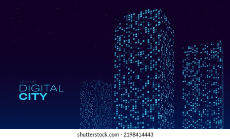 Smart Digital City Concept. Urban Architecture High Towers Concept of the Future City. Virtual Reality Abstract Digital Buildings. Modern Technology Vector Illustration.