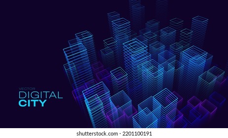 Smart Digital City Concept. Urban Architecture High Towers Concept of the Future City. Virtual Reality Abstract Digital Buildings. Modern Technology Vector Illustration.