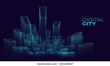 Smart Digital City Concept. Urban Architecture High Towers Concept of the Future City. Virtual Reality Abstract Digital Buildings. Modern Technology Vector Illustration.