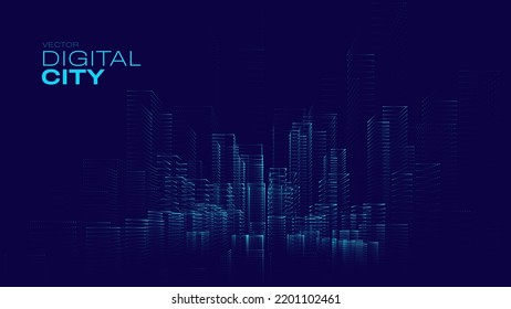 Smart Digital City Concept. Urban Architecture High Towers Concept of the Future City. Virtual Reality Abstract Digital Buildings. Modern Technology Vector Illustration.
