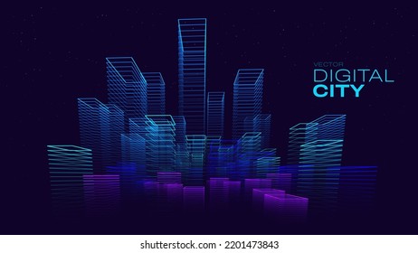 Smart Digital City Concept. Urban Architecture High Towers Concept of the Future City. Virtual Reality Abstract Digital Buildings. Modern Technology Vector Illustration.