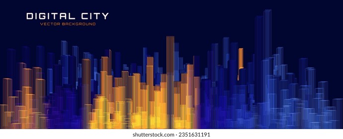 Smart Digital City Concept. Urban Architecture High Towers Concept of the Future City. Virtual Reality Abstract Digital Skyscraper Buildings. Modern Technology Vector Illustration.