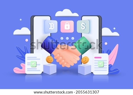 Smart digital contract with 3d shapes. Handshake coming out of two mobile phones isolated on blue background. Vector 3d illustration