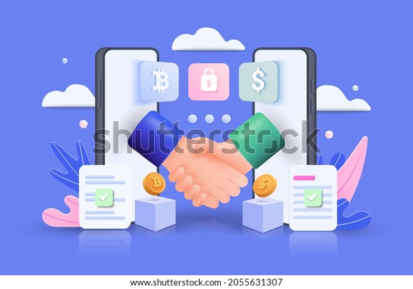 Smart digital contract with 3d shapes.\
Handshake coming out of two mobile phones isolated on blue\
background. Vector 3d\
illustration