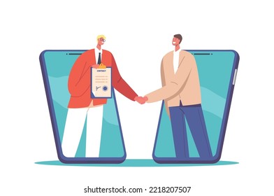 Smart Digital Contract Concept with Business Men Handshake Coming Out Of Huge Mobile Phones. Male Characters Successful Online Deal, Agreement, Partnership. Cartoon People Vector Illustration