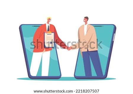 Smart Digital Contract Concept with Business Men Handshake Coming Out Of Huge Mobile Phones. Male Characters Successful Online Deal, Agreement, Partnership. Cartoon People Vector Illustration