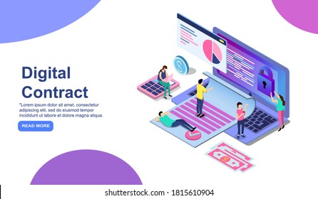 Smart digital contract concept with characters. Can use for web banner, infographics, hero images. Flat isometric vector illustration isolated on white background. EPS