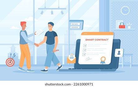 Smart digital contract, electronic document signing. Online deal, agreement. Flat cartoon vector illustration with people characters for banner, website design or landing web page	
