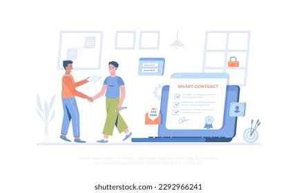 Smart digital contract, electronic document signing. Online deal, agreement. Cartoon modern flat vector illustration for banner, website design, landing page.	
