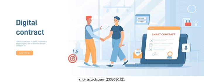 Smart digital contract, electronic document signing. Online deal, agreement. Flat concept great for social media promotional material. Website banner on white background.	
